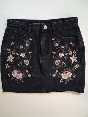 Black Denim Floral Embriodered Skirt